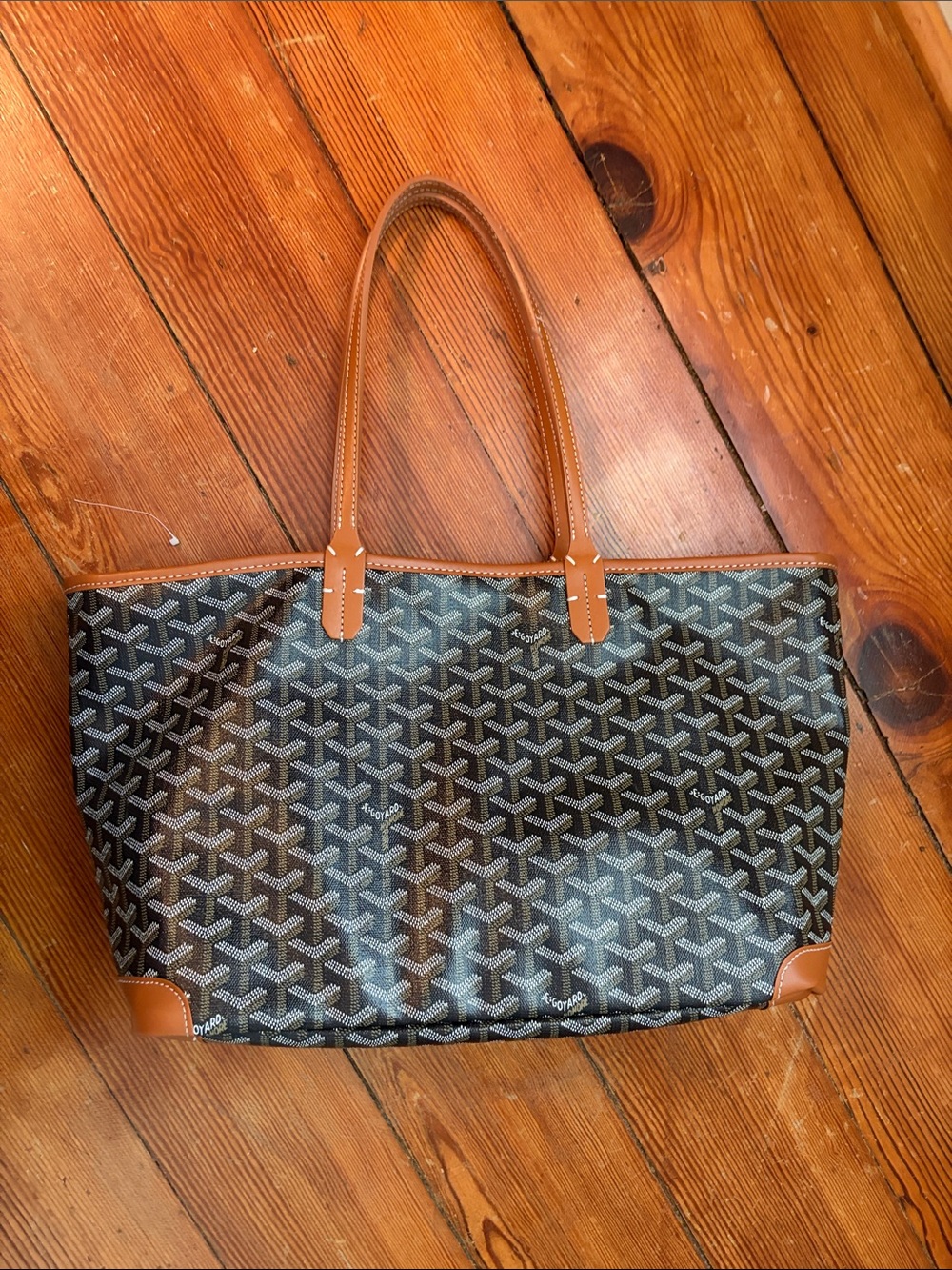 Brown Patterned Tote with Tan Leather Handles goyard replica